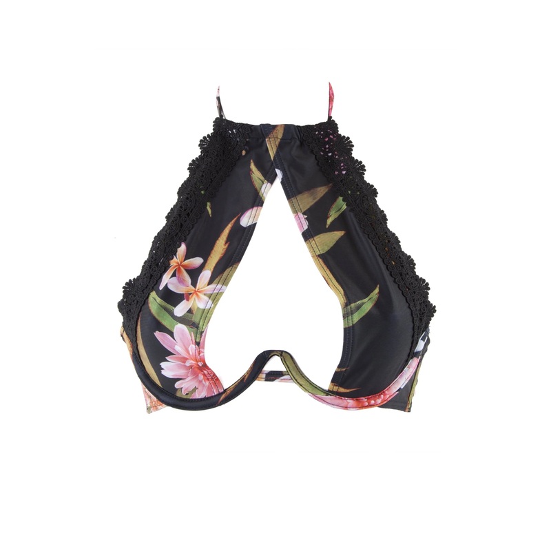 PEEK & BEAU Women’s Black Floral Crochet High Neck Bikini Top NWT X-Small Black Floral