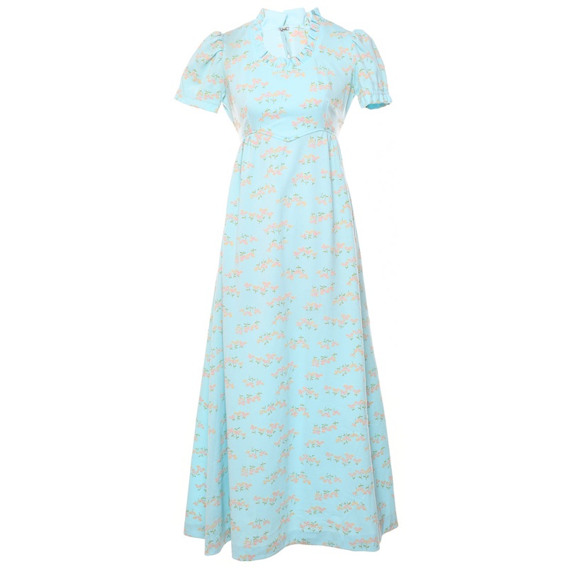 1970s Floral Print Frilled Neck Turquoise & Pink Maxi Dress – S
