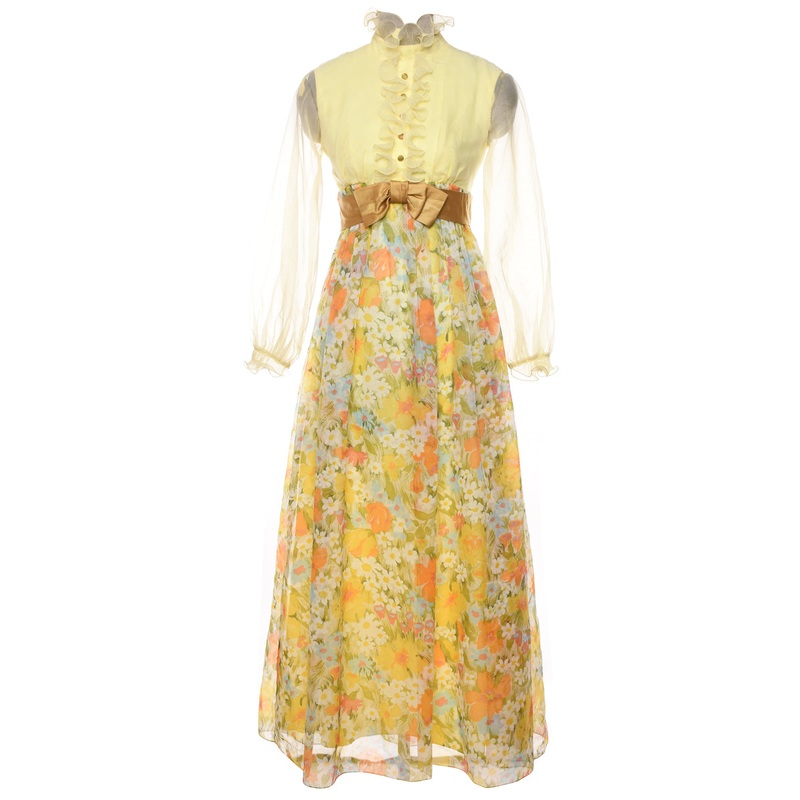 1970s Floral Print Sheer Sleeved Maxi Dress – S