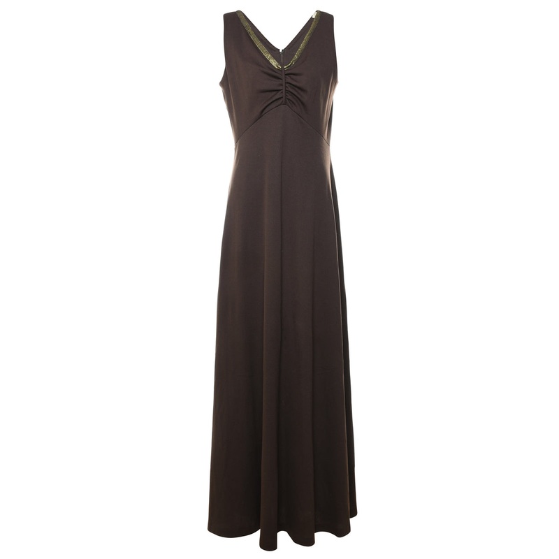 1970s Sleeveless Dark Brown & Gold Maxi Dress – M