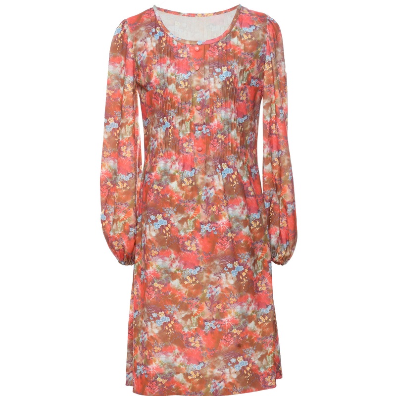 1970s Pin Tucks Floral Dress – M
