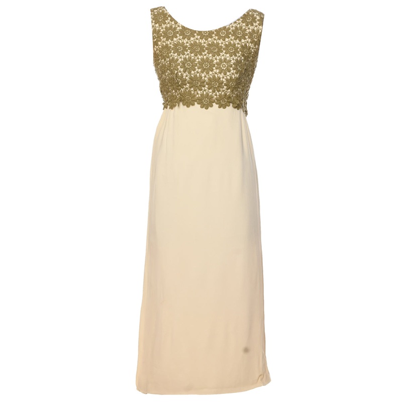 1970s Pale Yellow Crochet Detail Maxi Dress – S