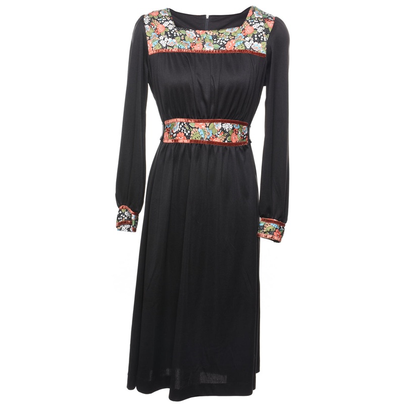 1970s Floral Print Black Dress – S