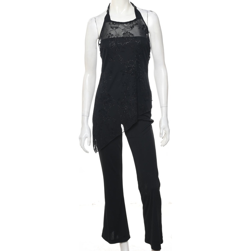 Floral Pattern Black Sparkly Halterneck Jumpsuit – S